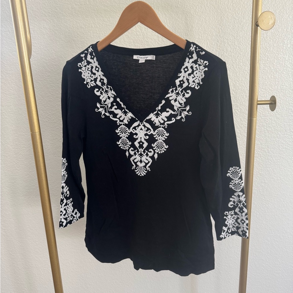 Chico's Black Top with White Design